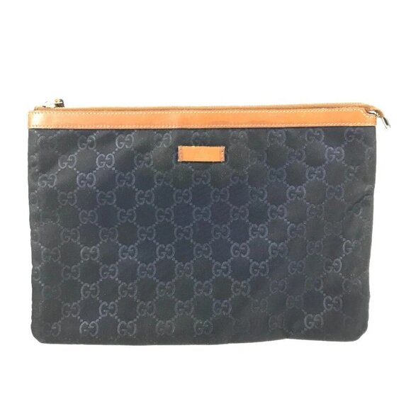 GUCCI 286209 GG logo All-over print pouch Clutch bag Leather / Nylon Navy - Picture 1 of 13